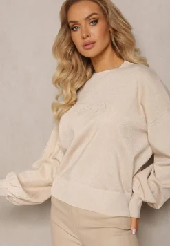 Beżowy Klasyczny Sweter z Metaliczną Nitką i Napisem Actylia