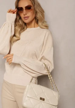 Beżowy Klasyczny Sweter z Metaliczną Nitką i Napisem Actylia