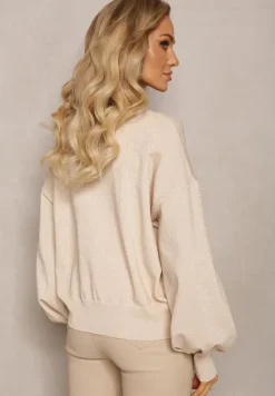 Beżowy Klasyczny Sweter z Metaliczną Nitką i Napisem Actylia