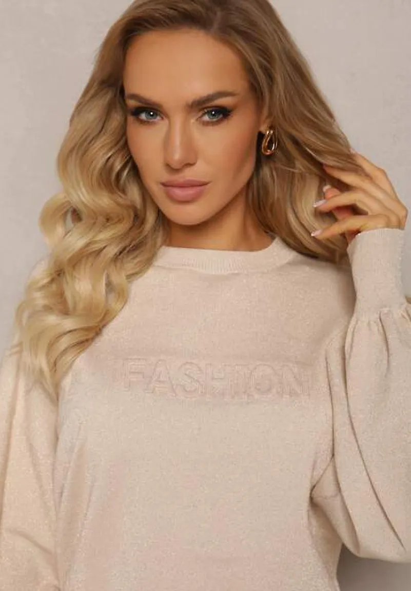 Beżowy Klasyczny Sweter z Metaliczną Nitką i Napisem Actylia