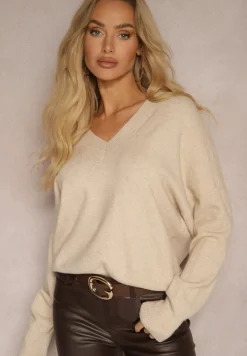 Beżowy Klasyczny Sweter z Wiskozą i Kaszmirem Marirra