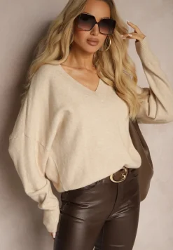Beżowy Klasyczny Sweter z Wiskozą i Kaszmirem Marirra