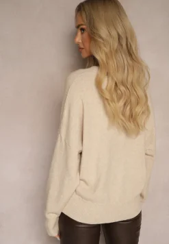 Beżowy Klasyczny Sweter z Wiskozą i Kaszmirem Marirra