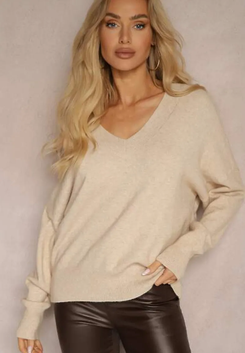 Beżowy Klasyczny Sweter z Wiskozą i Kaszmirem Marirra