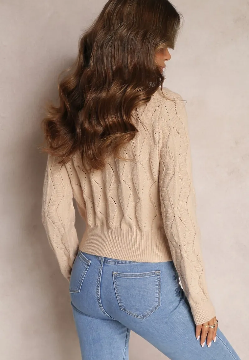 Beżowy Klasyczny Sweter z Długim Rękawem i Wyhaftowanymi Kwiatami Hadriela