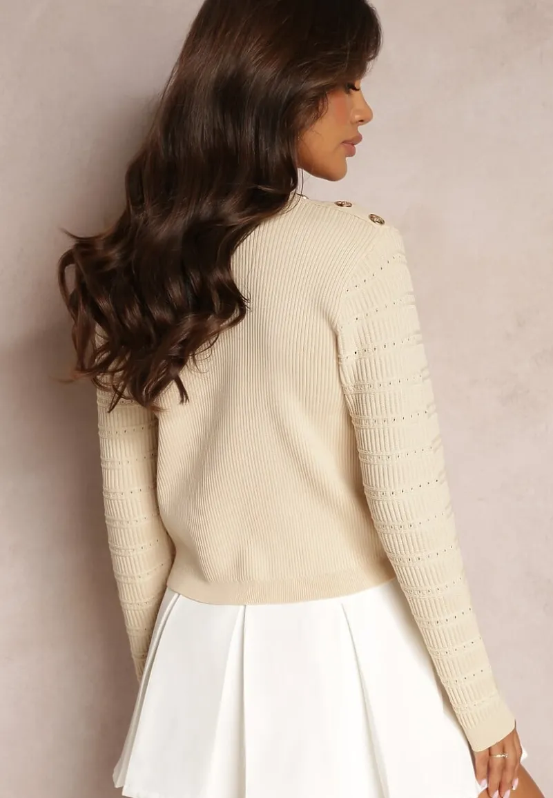 Beżowy Klasyczny Sweter z Ozdobnymi Napami Vakatora