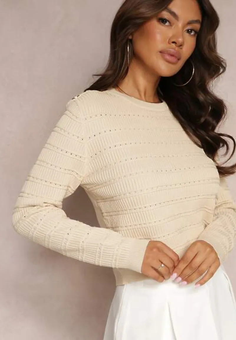 Beżowy Klasyczny Sweter z Ozdobnymi Napami Vakatora