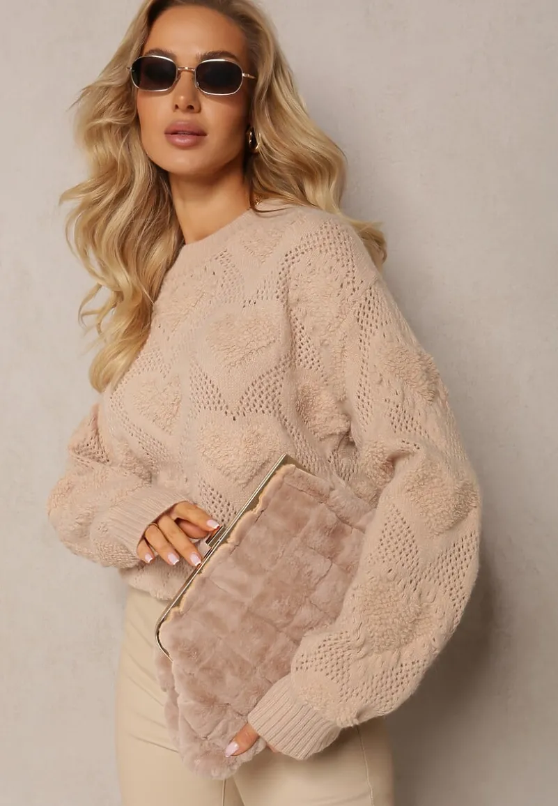 Beżowy Klasyczny Sweter ze Splotem w Serca i Ściągaczami Miadove