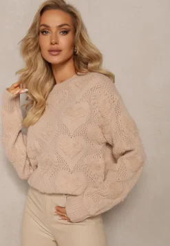 Beżowy Klasyczny Sweter ze Splotem w Serca i Ściągaczami Miadove