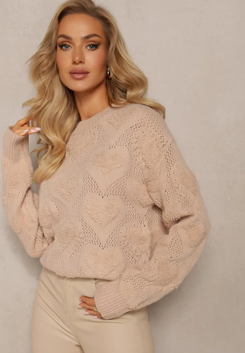 Beżowy Klasyczny Sweter ze Splotem w Serca i Ściągaczami Miadove