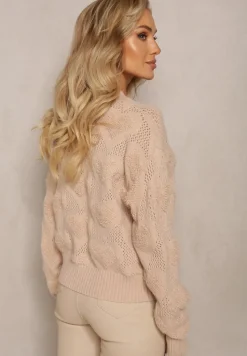 Beżowy Klasyczny Sweter ze Splotem w Serca i Ściągaczami Miadove