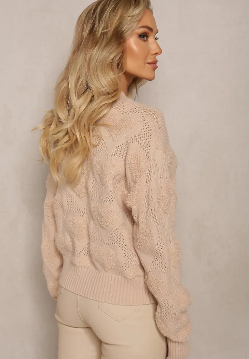 Beżowy Klasyczny Sweter ze Splotem w Serca i Ściągaczami Miadove
