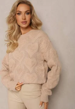 Beżowy Klasyczny Sweter ze Splotem w Serca i Ściągaczami Miadove