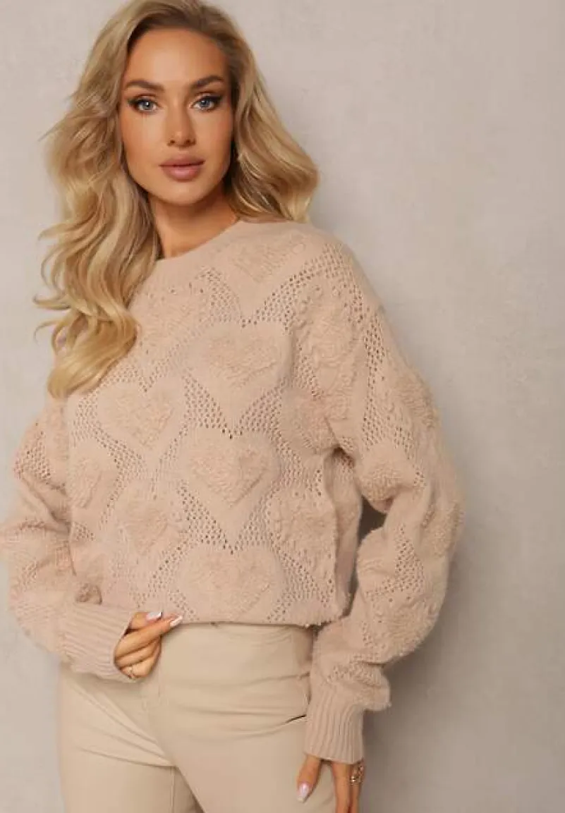 Beżowy Klasyczny Sweter ze Splotem w Serca i Ściągaczami Miadove