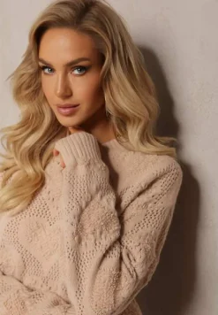 Beżowy Klasyczny Sweter ze Splotem w Serca i Ściągaczami Miadove