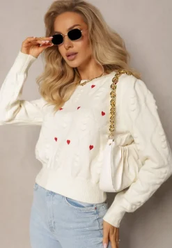 Beżowy Klasyczny Sweter ze Ściągaczami i Ozdobnymi Haftami Reani