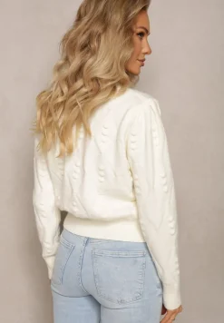 Beżowy Klasyczny Sweter ze Ściągaczami i Ozdobnymi Haftami Reani