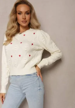 Beżowy Klasyczny Sweter ze Ściągaczami i Ozdobnymi Haftami Reani