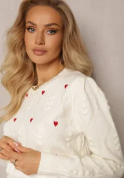 Beżowy Klasyczny Sweter ze Ściągaczami i Ozdobnymi Haftami Reani