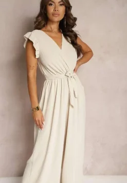 Beżowy Koktajlowy Kombinezon Wiązany Paskiem Wykończony Falbankami przy Ramionach Vimaseni