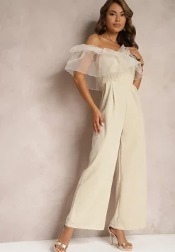 Beżowy Koktajlowy Kombinezon z Falbanką przy Dekolcie bez Rękawów Tessita