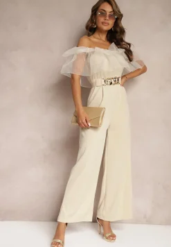 Beżowy Koktajlowy Kombinezon z Falbanką przy Dekolcie bez Rękawów Tessita