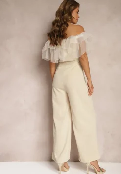 Beżowy Koktajlowy Kombinezon z Falbanką przy Dekolcie bez Rękawów Tessita