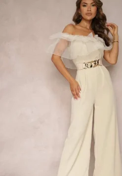 Beżowy Koktajlowy Kombinezon z Falbanką przy Dekolcie bez Rękawów Tessita