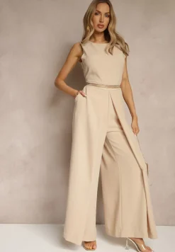 Beżowy Kombinezon Bez Rękawów z Nogawkami Wide Leg Noreldi