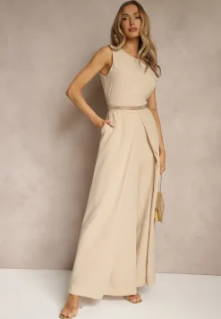 Beżowy Kombinezon Bez Rękawów z Nogawkami Wide Leg Noreldi