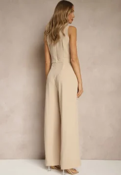 Beżowy Kombinezon Bez Rękawów z Nogawkami Wide Leg Noreldi