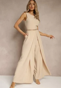 Beżowy Kombinezon Bez Rękawów z Nogawkami Wide Leg Noreldi