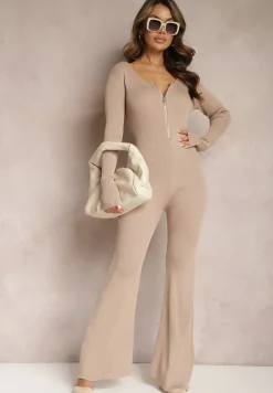 Beżowy Kombinezon Bodycon z Prążkowanej Wiskozy ze Spodniami Typu Dzwony i Suwakiem Lavirna