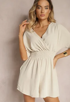 Beżowy Kombinezon Kopertowy z Gumką w Pasie Fandrea