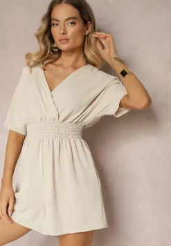 Beżowy Kombinezon Kopertowy z Gumką w Pasie Fandrea