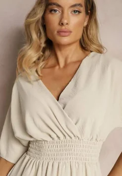 Beżowy Kombinezon Kopertowy z Gumką w Pasie Fandrea