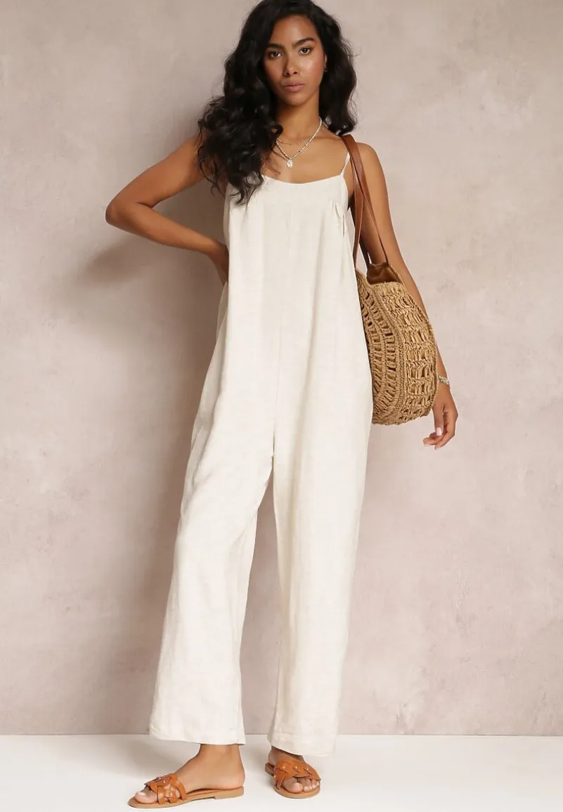 Beżowy Kombinezon na Regulowanych Ramiączkach z Długimi Nogawkami z Bawełny Myrcela