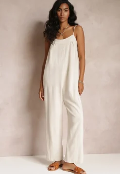 Beżowy Kombinezon na Regulowanych Ramiączkach z Długimi Nogawkami z Bawełny Myrcela