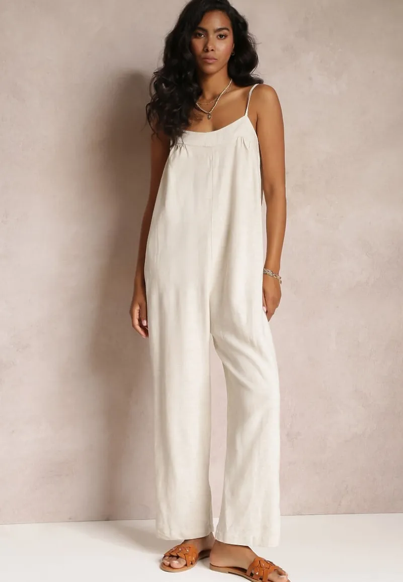 Beżowy Kombinezon na Regulowanych Ramiączkach z Długimi Nogawkami z Bawełny Myrcela