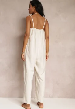 Beżowy Kombinezon na Regulowanych Ramiączkach z Długimi Nogawkami z Bawełny Myrcela