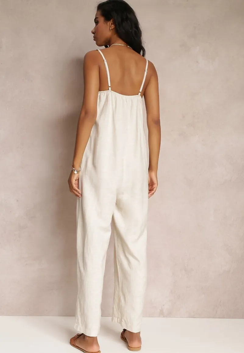 Beżowy Kombinezon na Regulowanych Ramiączkach z Długimi Nogawkami z Bawełny Myrcela