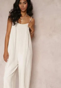 Beżowy Kombinezon na Regulowanych Ramiączkach z Długimi Nogawkami z Bawełny Myrcela