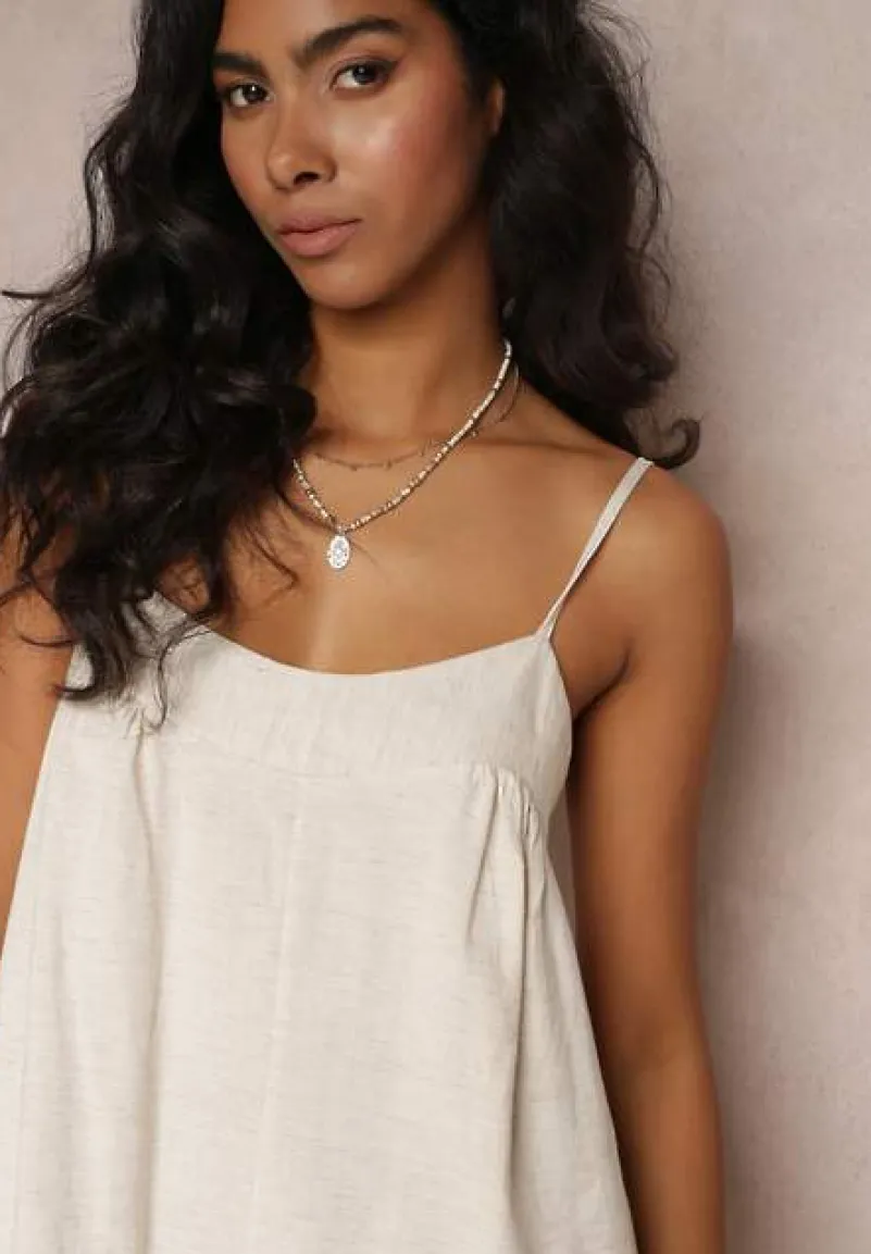 Beżowy Kombinezon na Regulowanych Ramiączkach z Długimi Nogawkami z Bawełny Myrcela