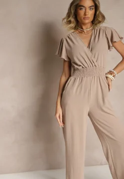 Beżowy Kombinezon o Kopertowym Kroju z Gumką w Talii Martalia