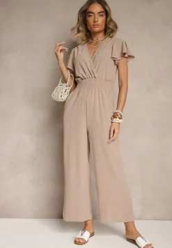 Beżowy Kombinezon o Kopertowym Kroju z Gumką w Talii Martalia