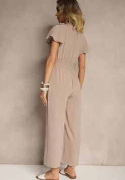 Beżowy Kombinezon o Kopertowym Kroju z Gumką w Talii Martalia