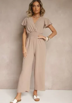 Beżowy Kombinezon o Kopertowym Kroju z Gumką w Talii Martalia