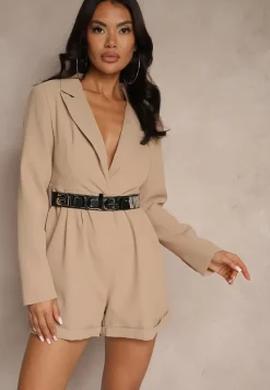 Beżowy Kombinezon o Kroju Marynarki z Paskiem Okyale