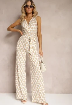 Beżowy Kombinezon o Taliowanym Kroju z Trójkątnym Dekoltem i Paskiem w Talii Geranea