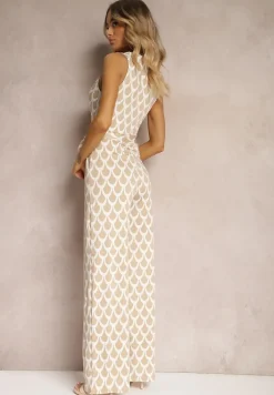 Beżowy Kombinezon o Taliowanym Kroju z Trójkątnym Dekoltem i Paskiem w Talii Geranea